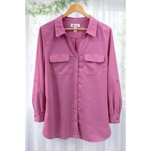 Denim & Co Button Up Blouse Tunic Top Roll Tab Sleeves Pink Lightweight Size 1X